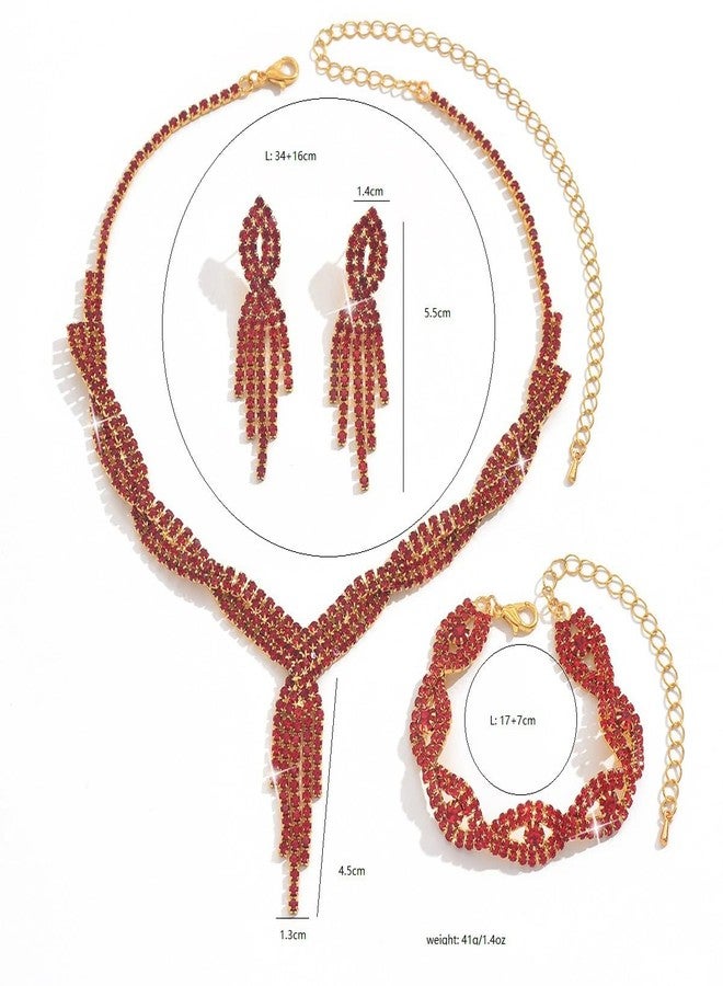 MarveBard Prom Jewelry Set for Women Wedding Bride Crystal Set Rhinestone Tassel Necklace Earrings Bracelet Wedding Party Jewelry (Red) - Image 4