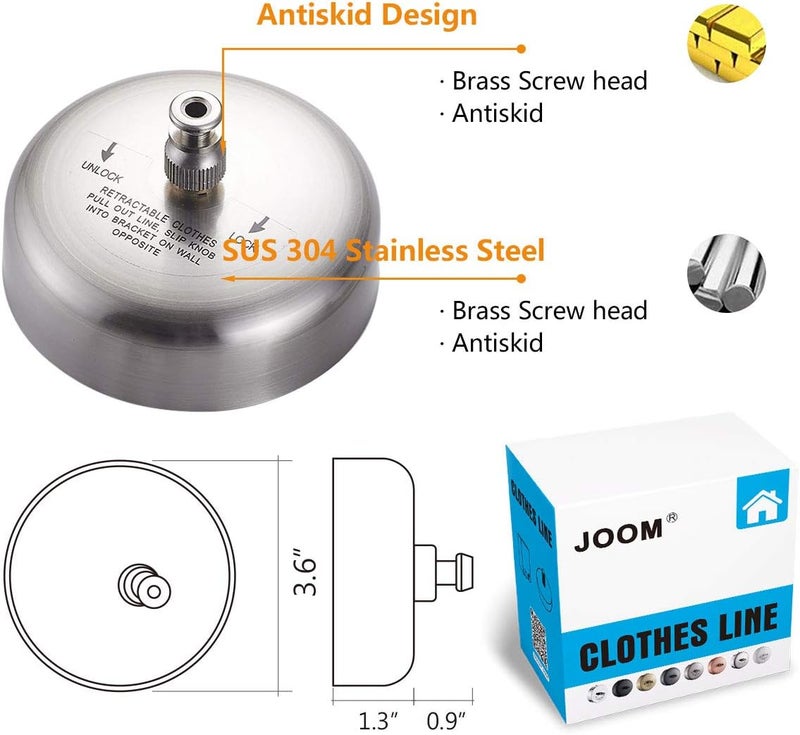 JOOM Retractable Clothesline Stainless Steel Heavy Duty 9Feet(MAX) for Hanging Drying in Bathroom Laundry Hotels, Chrome Finish,Round Style (Brushed Nickel) - Image 3