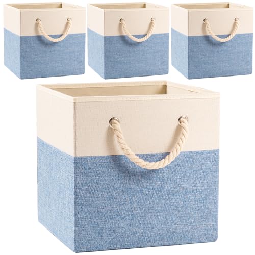 PRANDOM Large Foldable Cube Storage Bins 13x13 inch [4-Pack] Fabric Linen Storage Baskets Cubes Drawer with Cotton Handles Organizer for Shelves Nursery Closet Bedroom Beige/Blue - Image 1