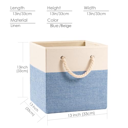 PRANDOM Large Foldable Cube Storage Bins 13x13 inch [4-Pack] Fabric Linen Storage Baskets Cubes Drawer with Cotton Handles Organizer for Shelves Nursery Closet Bedroom Beige/Blue - Image 5
