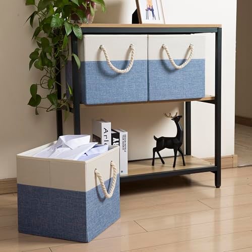 PRANDOM Large Foldable Cube Storage Bins 13x13 inch [4-Pack] Fabric Linen Storage Baskets Cubes Drawer with Cotton Handles Organizer for Shelves Nursery Closet Bedroom Beige/Blue - Image 3
