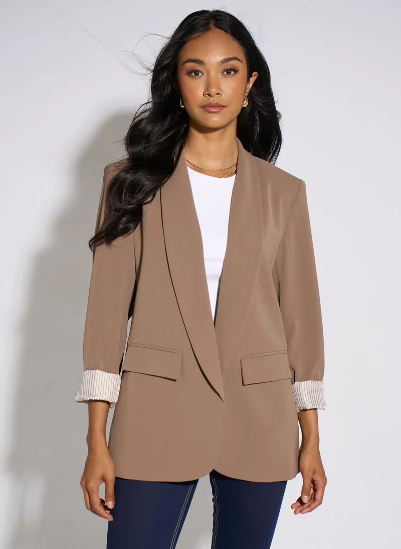 Mocha Contrast Sleeve Edge To Edge Blazer