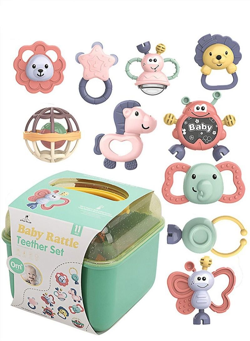 10-Piece baby rattle toy, Infant teething toys, grab and spin rattles sensory toy set, food grade silicone material, newborn toys gift for babies 0-12-24 months boys girls, early educational toy set.