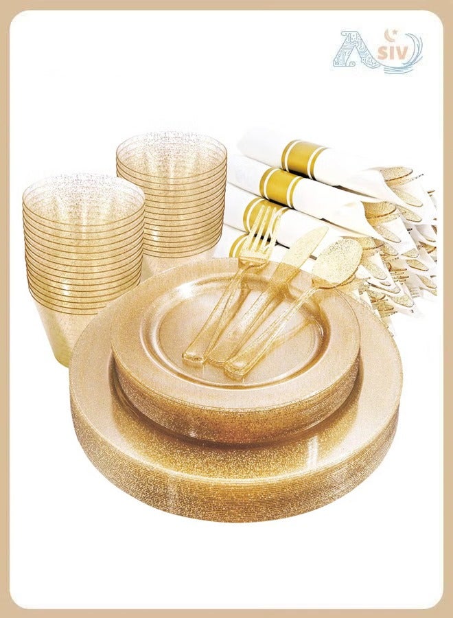 أسيف 175 مجموعة من أطقم المائدة البلاستيكية ذات الوميض الذهبي تناسب 25 ضيفا، مع طبق طبق مرة واحدة - Image 1