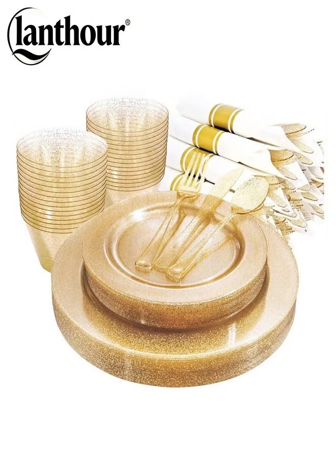 لانثور 175 مجموعة من أطقم المائدة البلاستيكية ذات الوميض الذهبي تناسب 25 ضيفا، مع طبق طبق مرة واحدة - Image 1