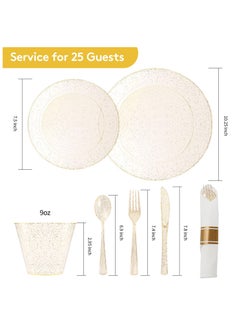 ASIV 175 Piece Gold Glitter Plastic Dinnerware Set for 25 Guests, Fancy Disposable Plates for Party  - Image 3