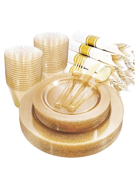 175 Piece Gold Glitter Plastic Dinnerware Set for 25 Guests, Fancy Disposable Plates for Party