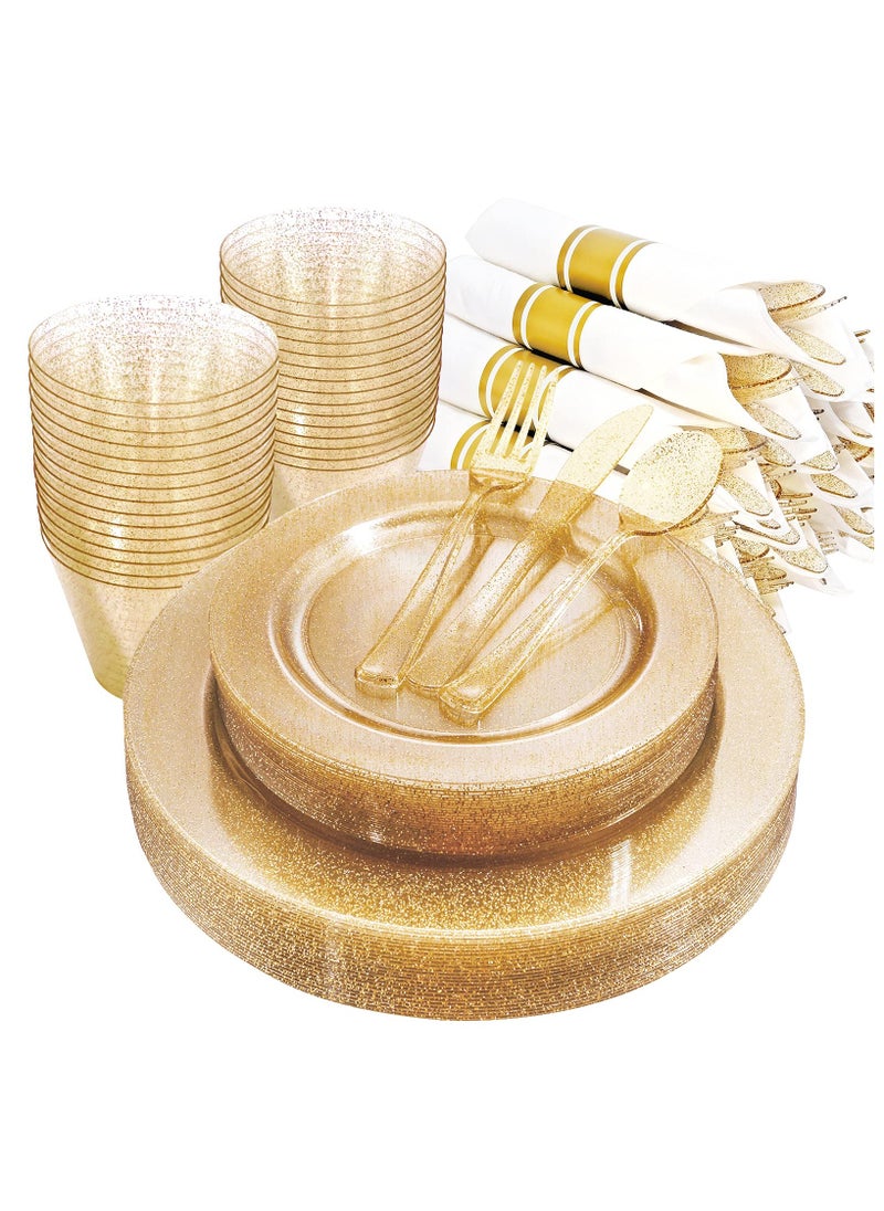 ASIV - 175 Piece Gold Glitter Plastic Dinnerware Set for 25 Guests, Fancy Disposable Plates for Party - Image 1