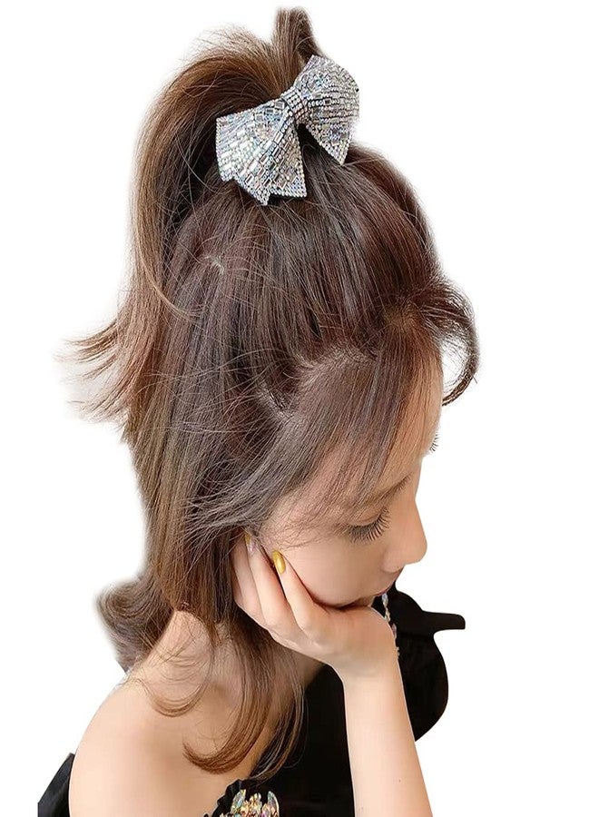 DAONACO Hair Clip, Grey Rhinestone Crystal Bowknot Ponytail Holder, 2 Count, for Women's Thick Hair, Hair Jewelry Accessories - Image 2
