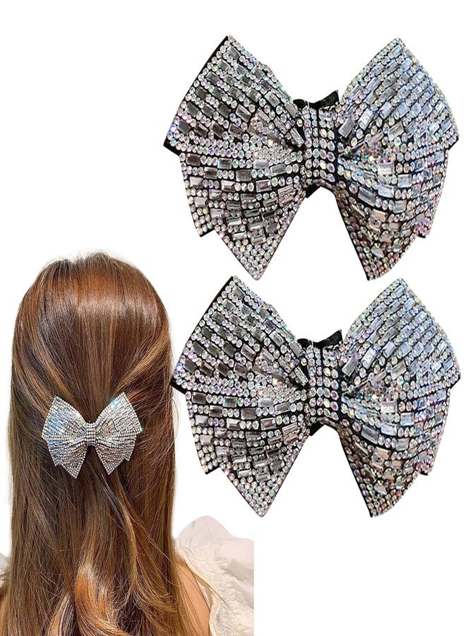 DAONACO Hair Clip, Grey Rhinestone Crystal Bowknot Ponytail Holder, 2 Count, for Women's Thick Hair, Hair Jewelry Accessories - Image 1