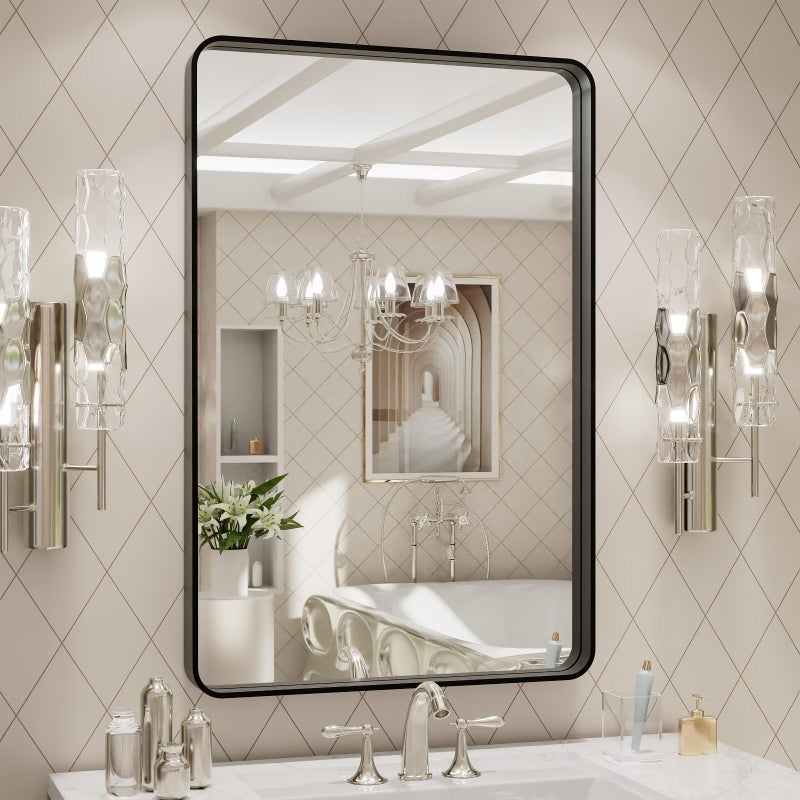 LOAAO 20X30 Inch Black Metal Framed Bathroom Mirror for Wall, Matte Black Bathroom Vanity Mirror Farmhouse, Large Rounded Rectangle Mirror, Anti-Rust, Hangs Horizontally or Vertically - Image 1
