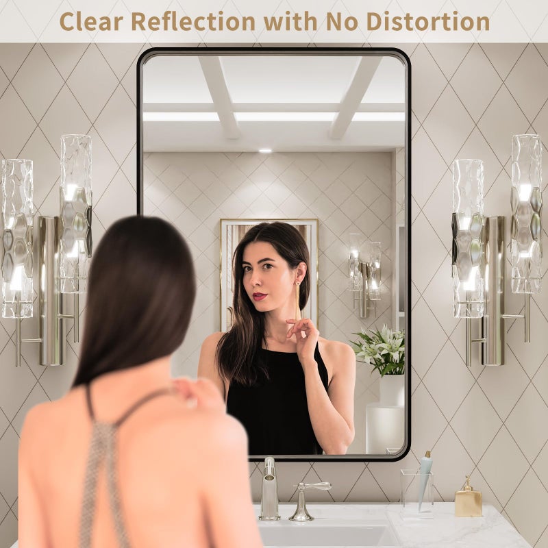 LOAAO 20X30 Inch Black Metal Framed Bathroom Mirror for Wall, Matte Black Bathroom Vanity Mirror Farmhouse, Large Rounded Rectangle Mirror, Anti-Rust, Hangs Horizontally or Vertically - Image 2