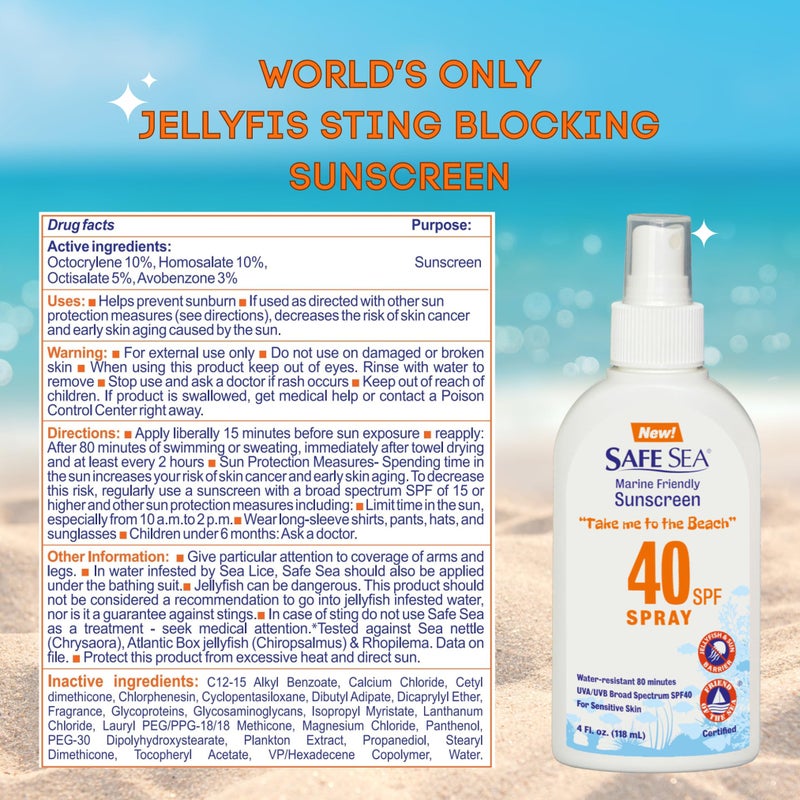 Safe Sea Jellyfish Sting-Blocking Sunscreen, SPF 40+ Spray 4 Fl oz, Waterproof, Biodegradable, Coral Reef-Safe â€“ Body and Face Sunscreen, Anti-Jellyfish and Sea-Lice sting protection. - Image 1