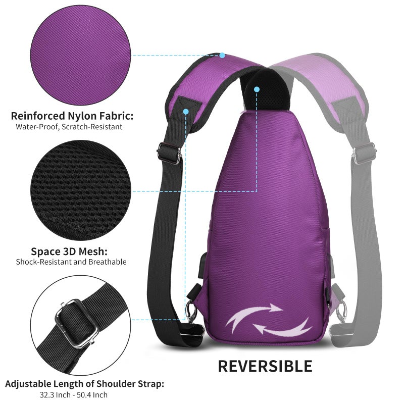 AMJ Crossbody Sling Bag Men Women, Casual Shoulder Backpack, Chest Daypack Satchel for Hiking Travel (Large, Purple) - Image 4