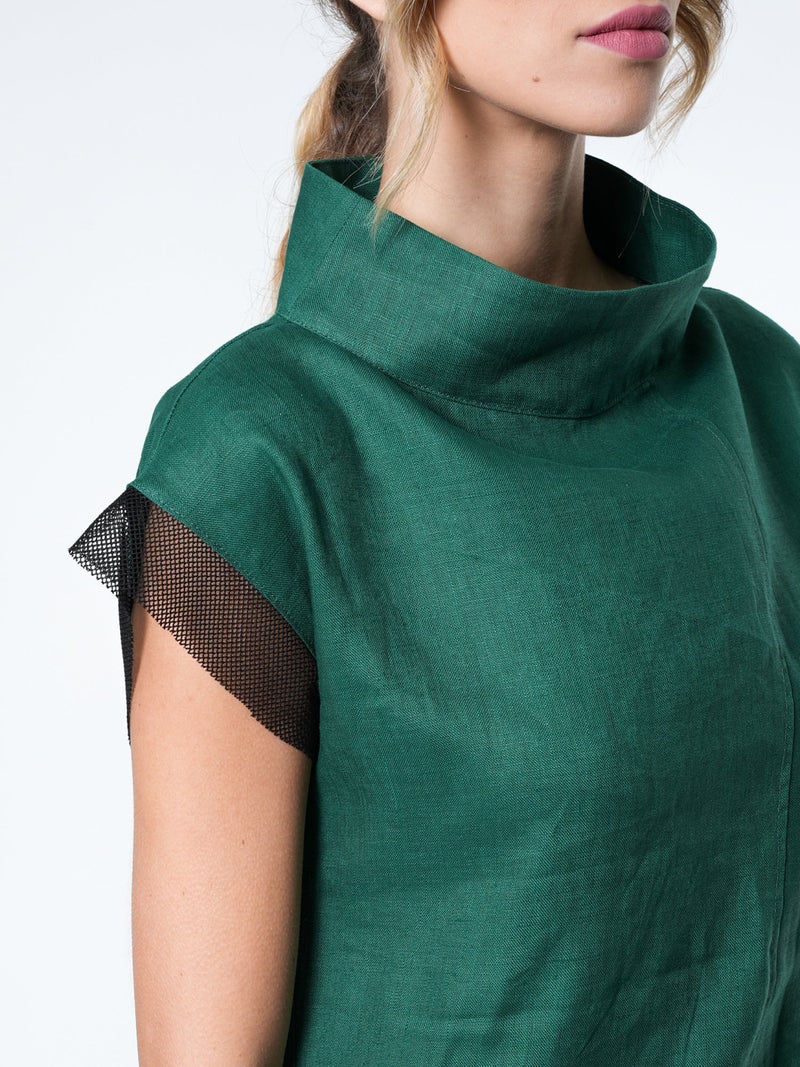 ميتامورفوزا فستان كتان غير متماثل (Asymmetrical) أنيق باللون الأخضر - Image 4