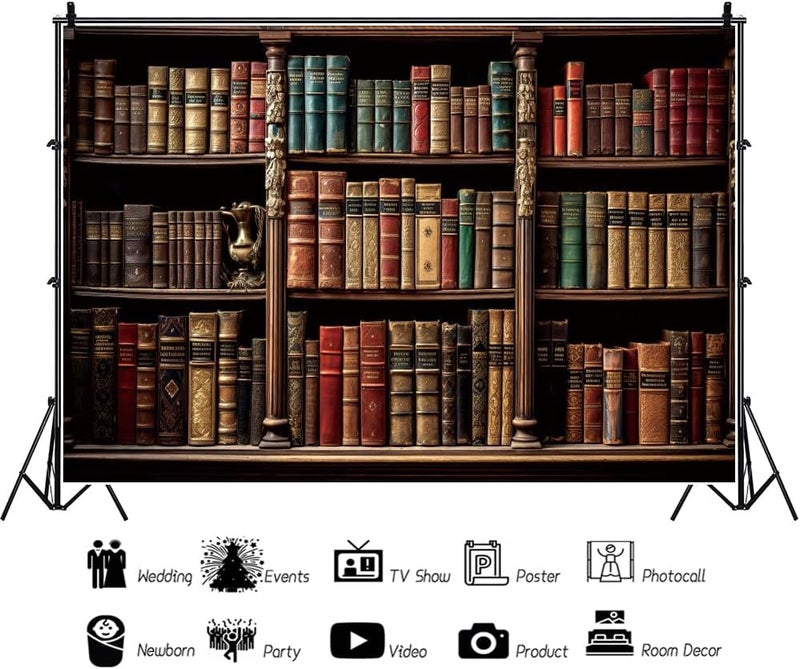 Renaiss خلفية مكتبة ريترو 7x5 قدم من رينايس، رف كتب قديم بني خشبي كلاسيكي لخلفية تصوير مكتبة المدرسة - Image 4