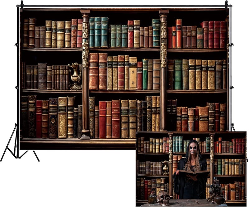 Renaiss خلفية مكتبة ريترو 7x5 قدم من رينايس، رف كتب قديم بني خشبي كلاسيكي لخلفية تصوير مكتبة المدرسة - Image 1