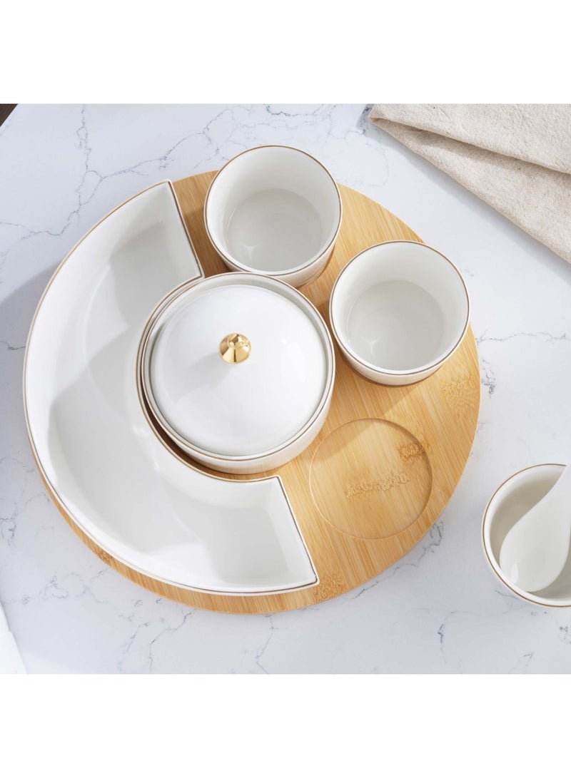 Pan Home طقم تقديم 5 قطع مع قاعدة من الخيزران - أبيض - Image 3