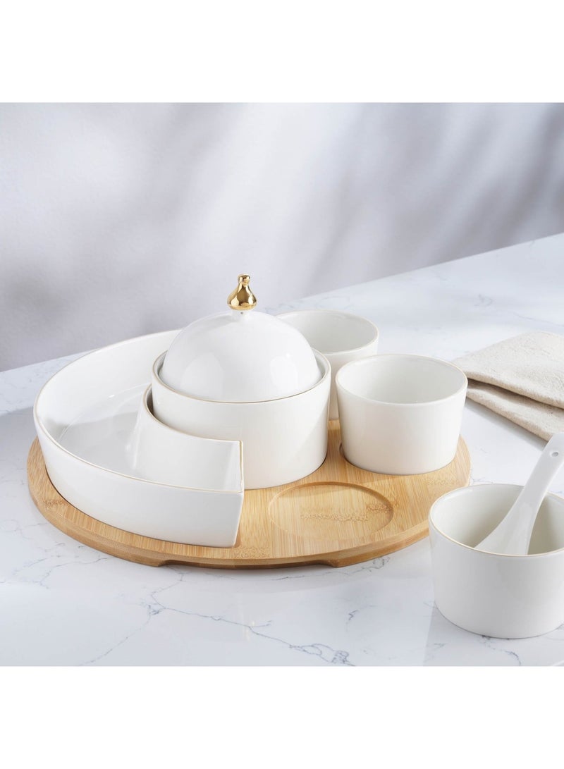 Pan Home طقم تقديم 5 قطع مع قاعدة من الخيزران - أبيض - Image 2