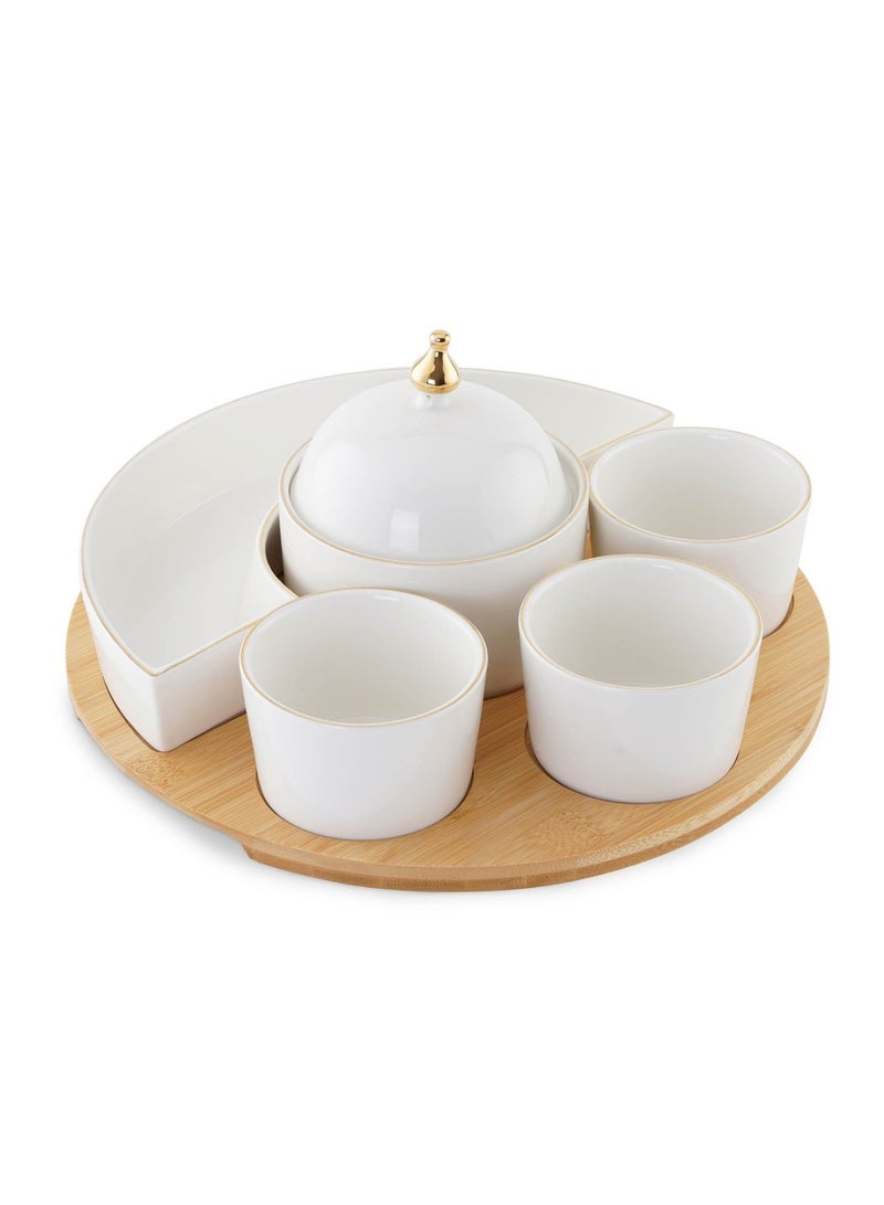 Pan Home طقم تقديم 5 قطع مع قاعدة من الخيزران - أبيض - Image 4