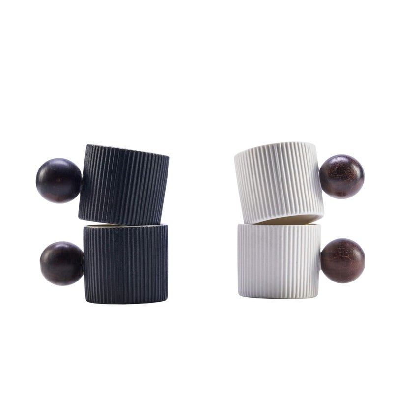 CLASGLAZ Ceramic Mini Espresso Cups Demitasse Cups with Round Wooden Handle Vertical Stripes Tea Cups (Black/White, 4pcs) - Image 1