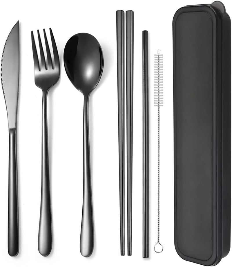 AARainbow 6 Pieces 18/8 Stainless Steel Flatware Set Portable Reusable Cutlery Set Travel Utensils Set Including Chopsticks Knife Fork Spoon Straws Cleaning Brush Dishwasher Safe (Black) - Image 1