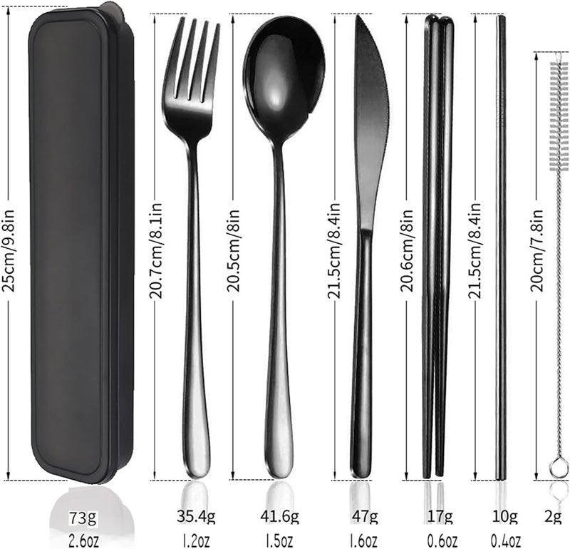 AARainbow 6 Pieces 18/8 Stainless Steel Flatware Set Portable Reusable Cutlery Set Travel Utensils Set Including Chopsticks Knife Fork Spoon Straws Cleaning Brush Dishwasher Safe (Black) - Image 5
