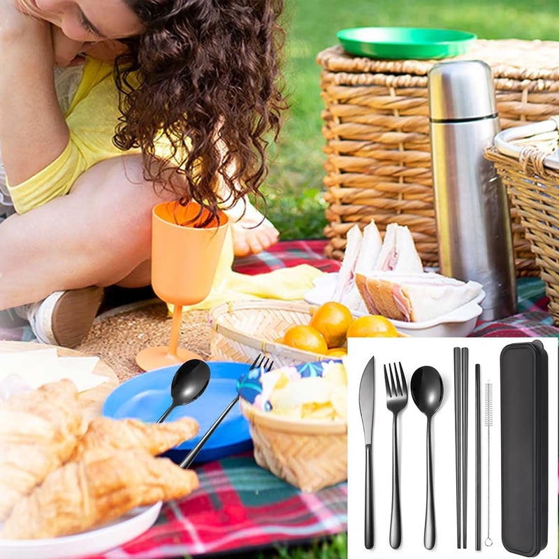 AARainbow 6 Pieces 18/8 Stainless Steel Flatware Set Portable Reusable Cutlery Set Travel Utensils Set Including Chopsticks Knife Fork Spoon Straws Cleaning Brush Dishwasher Safe (Black) - Image 3