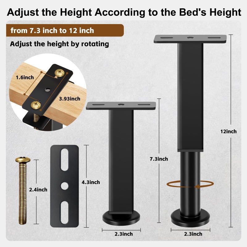 Smipam 6PCS Adjustable Height Bed Support Legs, Heavy Duty Metal Bed Frame Support Legs, 7.3-12 inch Furniture Risers Replacement with Non-Slip Base for King Queen Slats/Furniture/Table/Couch/Sofa/Dresser - Image 2