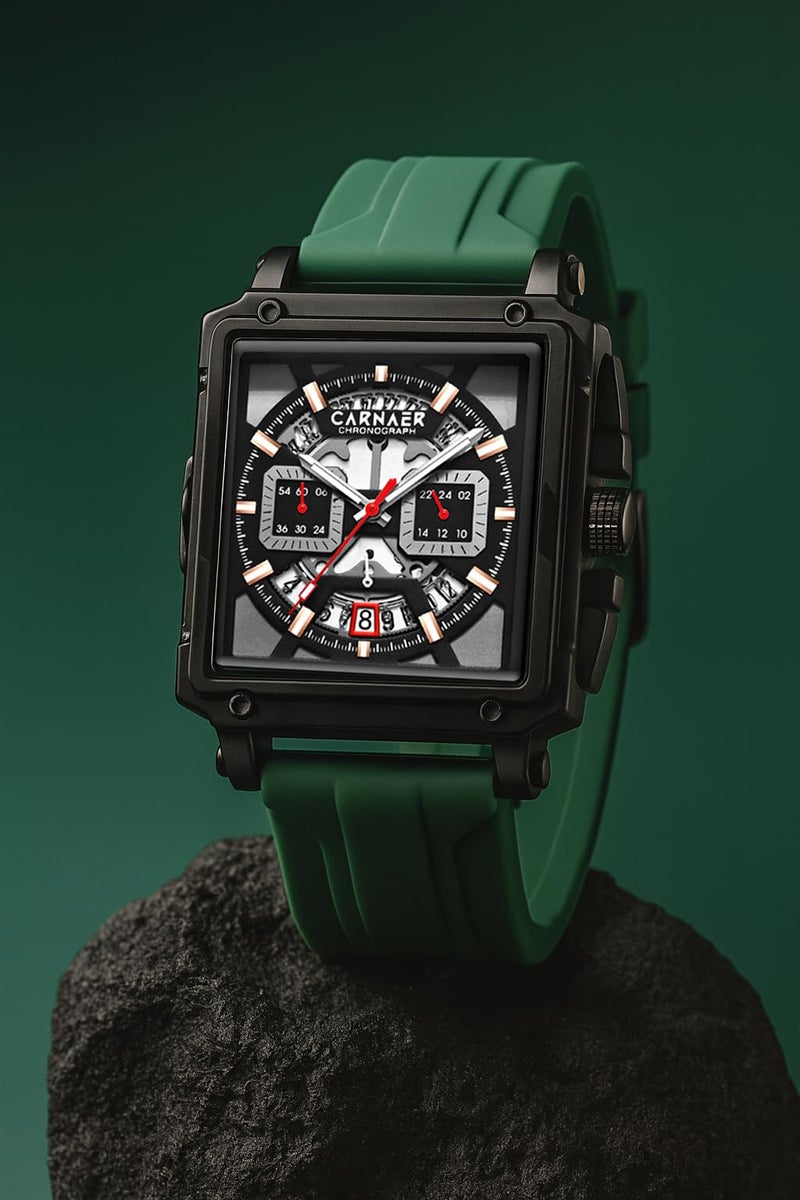 CARNAER Square Skeleton Men’s Chronograph Dial Men’s Watch– Luminous Quartz Movement, Zinc Alloy Case, Silicone Band, Waterproof Luxury Wristwatch for Boys (Green-Black) - Image 2