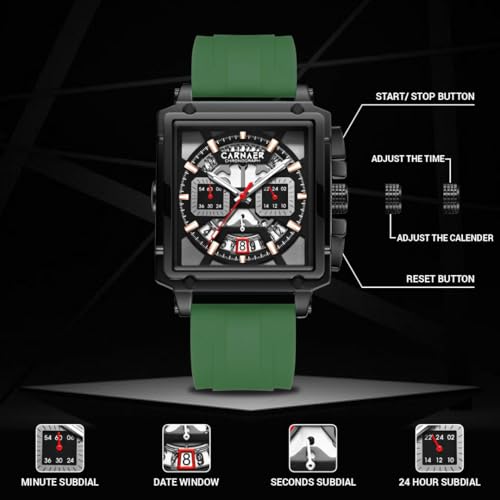 CARNAER Square Skeleton Men’s Chronograph Dial Men’s Watch– Luminous Quartz Movement, Zinc Alloy Case, Silicone Band, Waterproof Luxury Wristwatch for Boys (Green-Black) - Image 4