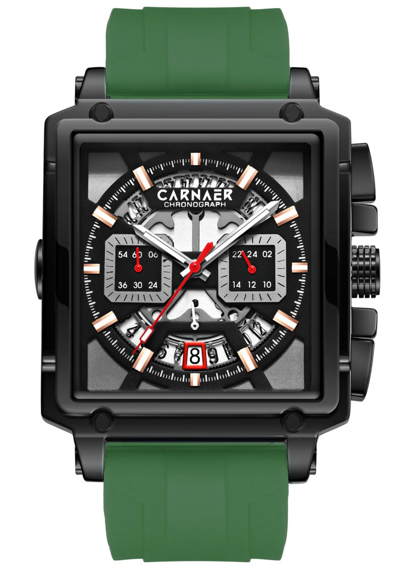 CARNAER Square Skeleton Men’s Chronograph Dial Men’s Watch– Luminous Quartz Movement, Zinc Alloy Case, Silicone Band, Waterproof Luxury Wristwatch for Boys (Green-Black) - Image 1