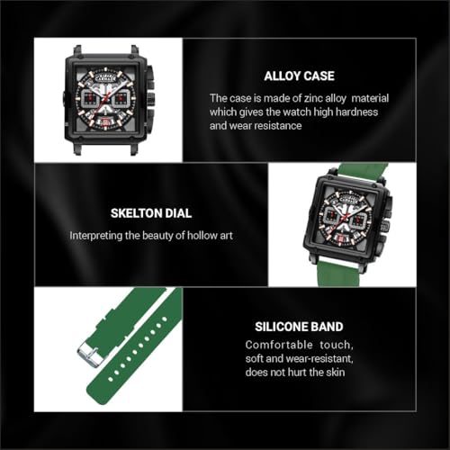 CARNAER Square Skeleton Men’s Chronograph Dial Men’s Watch– Luminous Quartz Movement, Zinc Alloy Case, Silicone Band, Waterproof Luxury Wristwatch for Boys (Green-Black) - Image 5