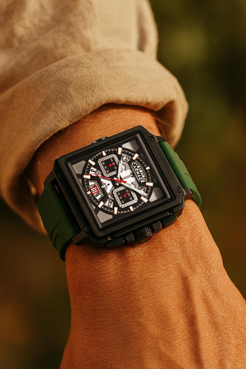 CARNAER Square Skeleton Men’s Chronograph Dial Men’s Watch– Luminous Quartz Movement, Zinc Alloy Case, Silicone Band, Waterproof Luxury Wristwatch for Boys (Green-Black) - Image 3