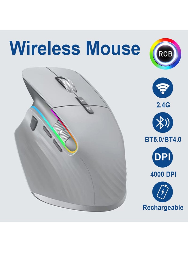 Multi-Device Wireless Mouse Bluetooth 5.0  3.0 Mouse 2.4G Wireless Portable Optical Mouse Ergonomic Right Hand Computer Mice (Grey) - Image 2