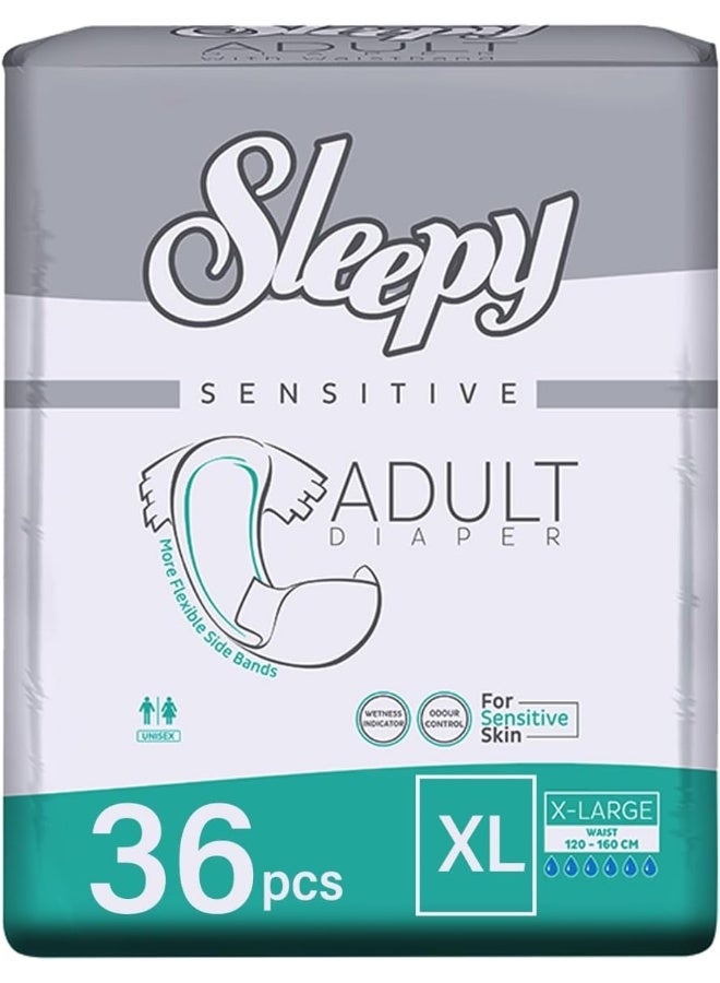 Sleepy Hypoallergenic 36 Adult Diapers | X-Large | Unisex Diapers for Sensitive Skin | Odour Control Diapers Wetness Indicator Comfortable & Adjustable | 120-160cm 12x3 - Image 1