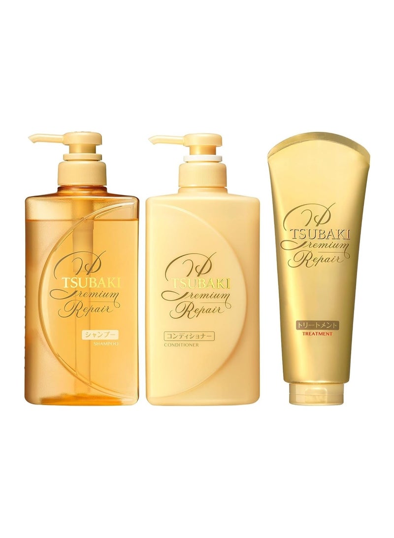 Tsubaki TSUBAKI Premium Moisturizing Glossy Hair Repair Set (Shampoo 490 ml, Conditioner 490 mL, Treatment, 6.3 oz (180 g) 