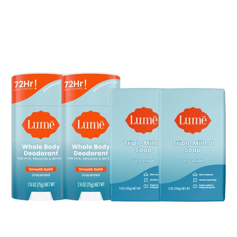 Lume Whole Body Deodorant And Soap - 2.6 Ounce Smooth Solid Stick With 72 Hour Odor Control (Pack of 2) and 5 Ounce Triple Milled Soap (Pack of 2) - Aluminum and Baking Soda Free (Unscented) - Image 1