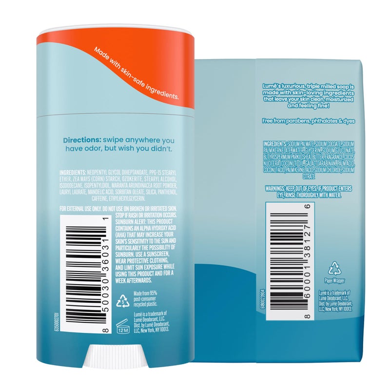 Lume Whole Body Deodorant And Soap - 2.6 Ounce Smooth Solid Stick With 72 Hour Odor Control (Pack of 2) and 5 Ounce Triple Milled Soap (Pack of 2) - Aluminum and Baking Soda Free (Unscented) - Image 2
