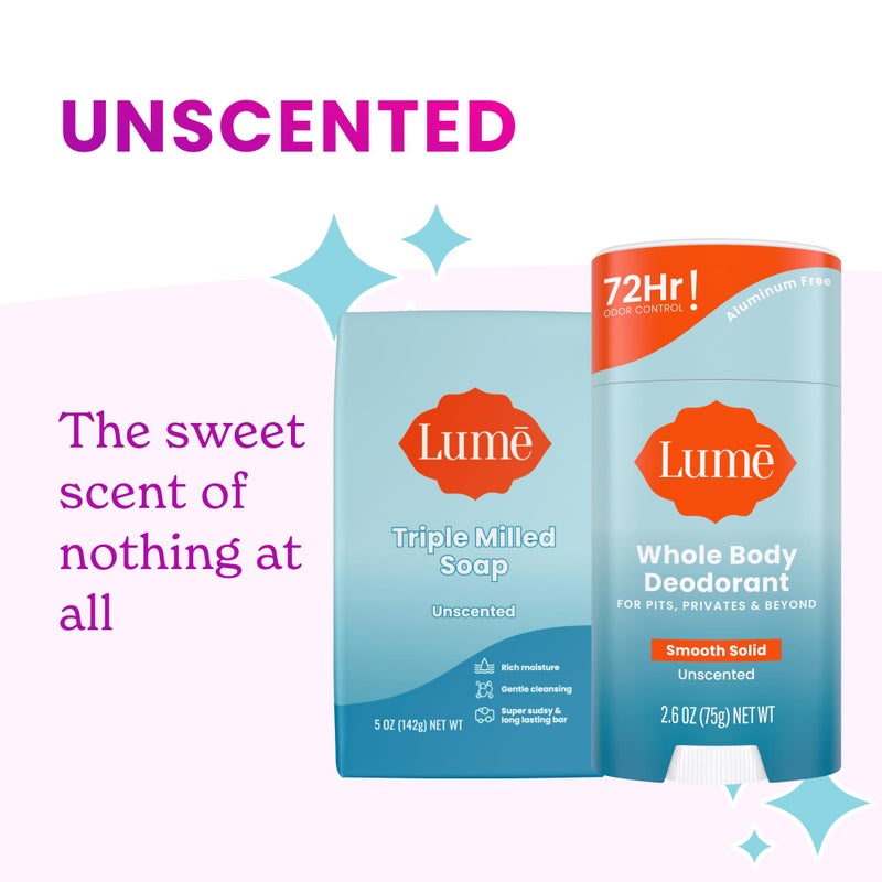 Lume Whole Body Deodorant And Soap - 2.6 Ounce Smooth Solid Stick With 72 Hour Odor Control (Pack of 2) and 5 Ounce Triple Milled Soap (Pack of 2) - Aluminum and Baking Soda Free (Unscented) - Image 3