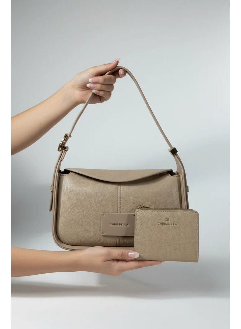 Chrisbella Beige Cream Luxury Shoulder Bag with Adjustable Sling & Matching Wallet – Elegant Textured Hobo Bag for Women - Image 1