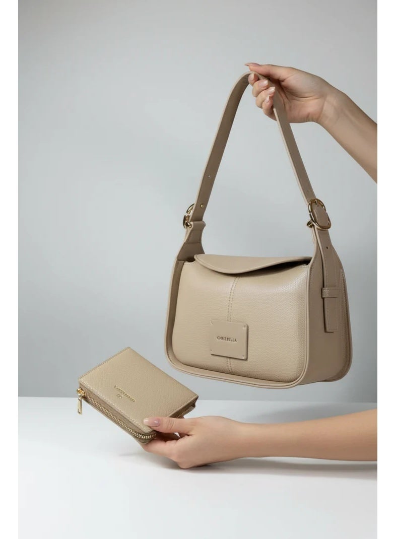 Chrisbella Beige Cream Luxury Shoulder Bag with Adjustable Sling & Matching Wallet – Elegant Textured Hobo Bag for Women - Image 2