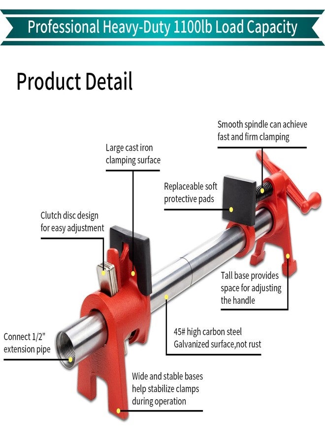 DEEFIINE 1/2 Inch Wood Gluing Pipe Clamp Set with 30" Metal Pipe, 2-Pack Professional H-Style Heavy Duty Quick Release Clamps for Woodworking - Image 3
