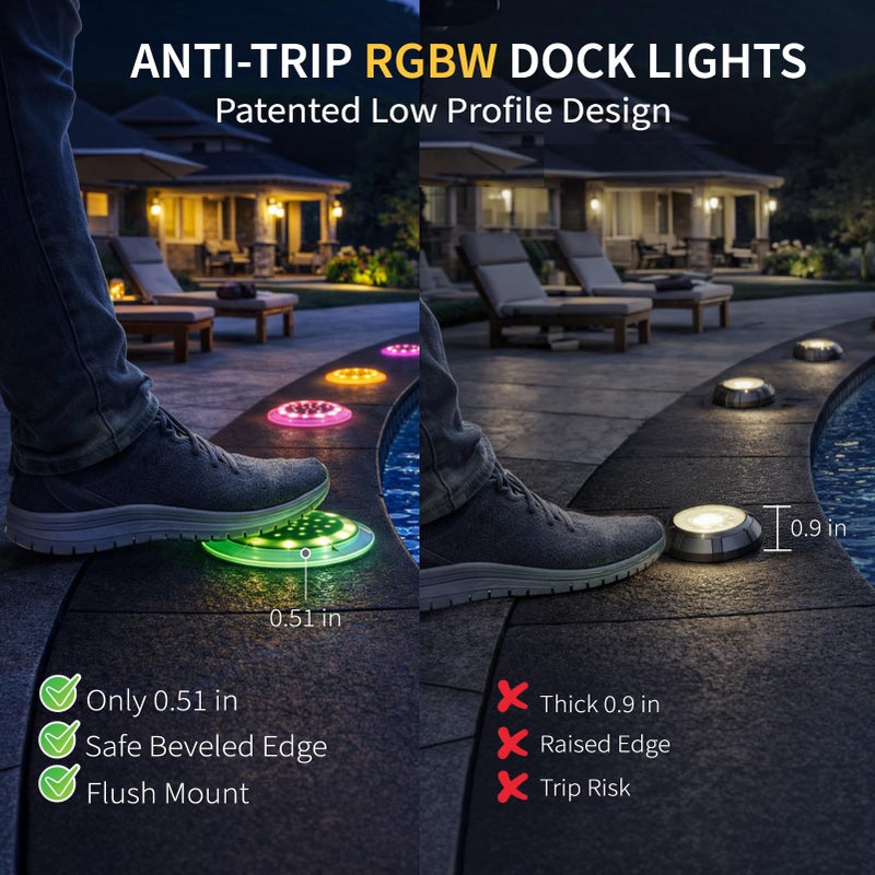 SHONELIGHTING Solar Dock Lights, Color Changing 48 LEDs Super Bright Disc Driveway Light, Outdoor Waterproof Flat Low Profile, Anti-Trip&Anti-Slip for Marine, Ground, Pool, Pier, Deck (RGB-W, 8Pack) - Image 4