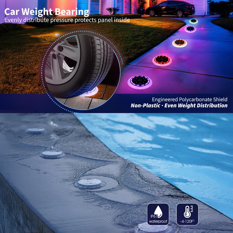 SHONELIGHTING Solar Dock Lights, Color Changing 48 LEDs Super Bright Disc Driveway Light, Outdoor Waterproof Flat Low Profile, Anti-Trip&Anti-Slip for Marine, Ground, Pool, Pier, Deck (RGB-W, 8Pack) - Image 3