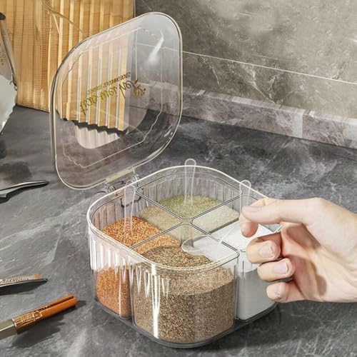 KREPS Seasoning Box with Lid and Spoon, 4 Compartment Spice Pots,Masala Box,Kitchen Condiment Jars, Plastic for Sugar Salt Pepper (Transparent) - Image 1