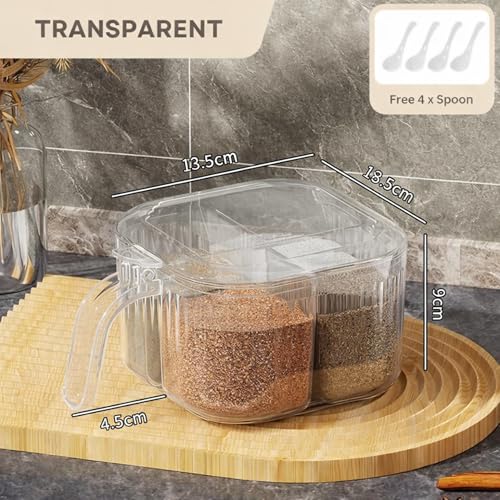 KREPS Seasoning Box with Lid and Spoon, 4 Compartment Spice Pots,Masala Box,Kitchen Condiment Jars, Plastic for Sugar Salt Pepper (Transparent) - Image 2