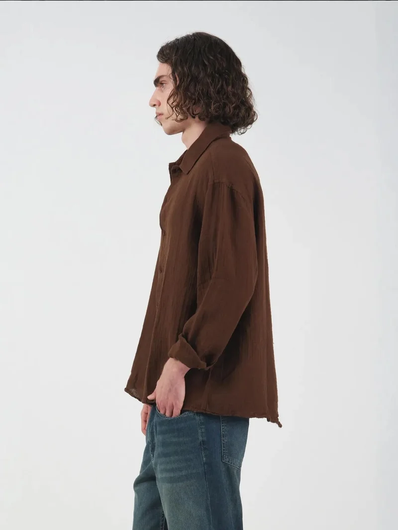 Giesto Coffee Brown GIESTO Textured Woven Long Sleeve Button-Down Shirt for Men | Best Price UAE