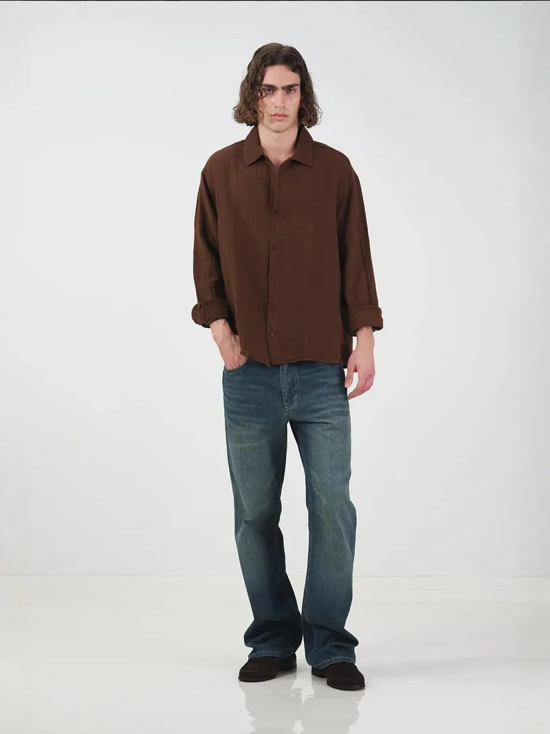 Giesto Coffee Brown GIESTO Textured Woven Long Sleeve Button-Down Shirt for Men | Best Price UAE
