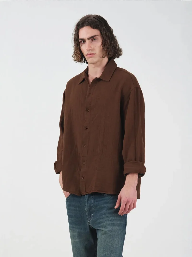 Giesto Coffee Brown GIESTO Textured Woven Long Sleeve Button-Down Shirt for Men | Best Price UAE